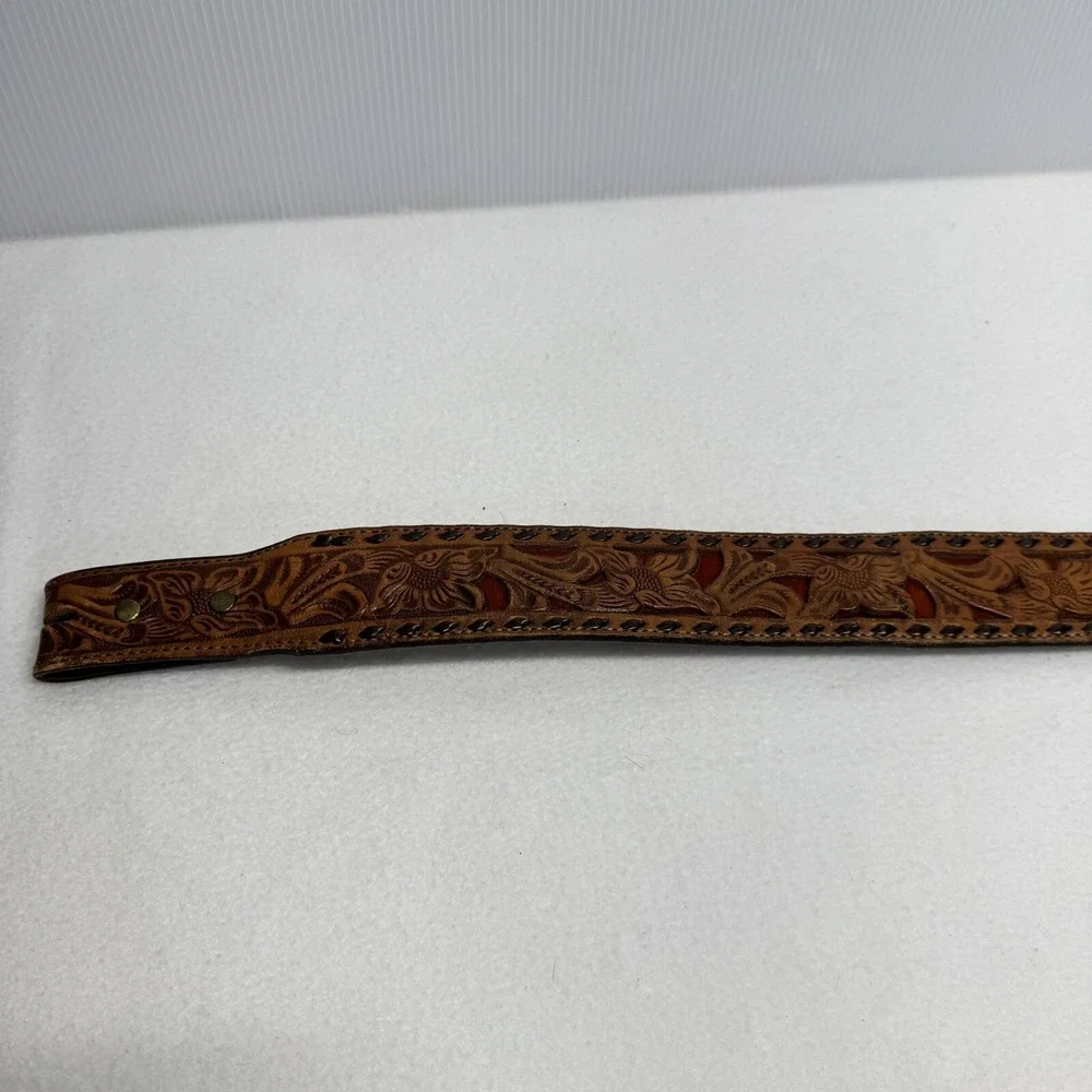 Unbranded Tooled Leather Belt Mens 42 Tan HMS Monogram Western Floral Whipstitch